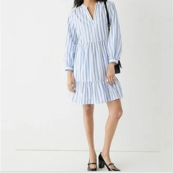 J. Crew Tall Tiered cotton poplin mini dress BP853 Barrie stripe XS XST - Picture 2 of 5